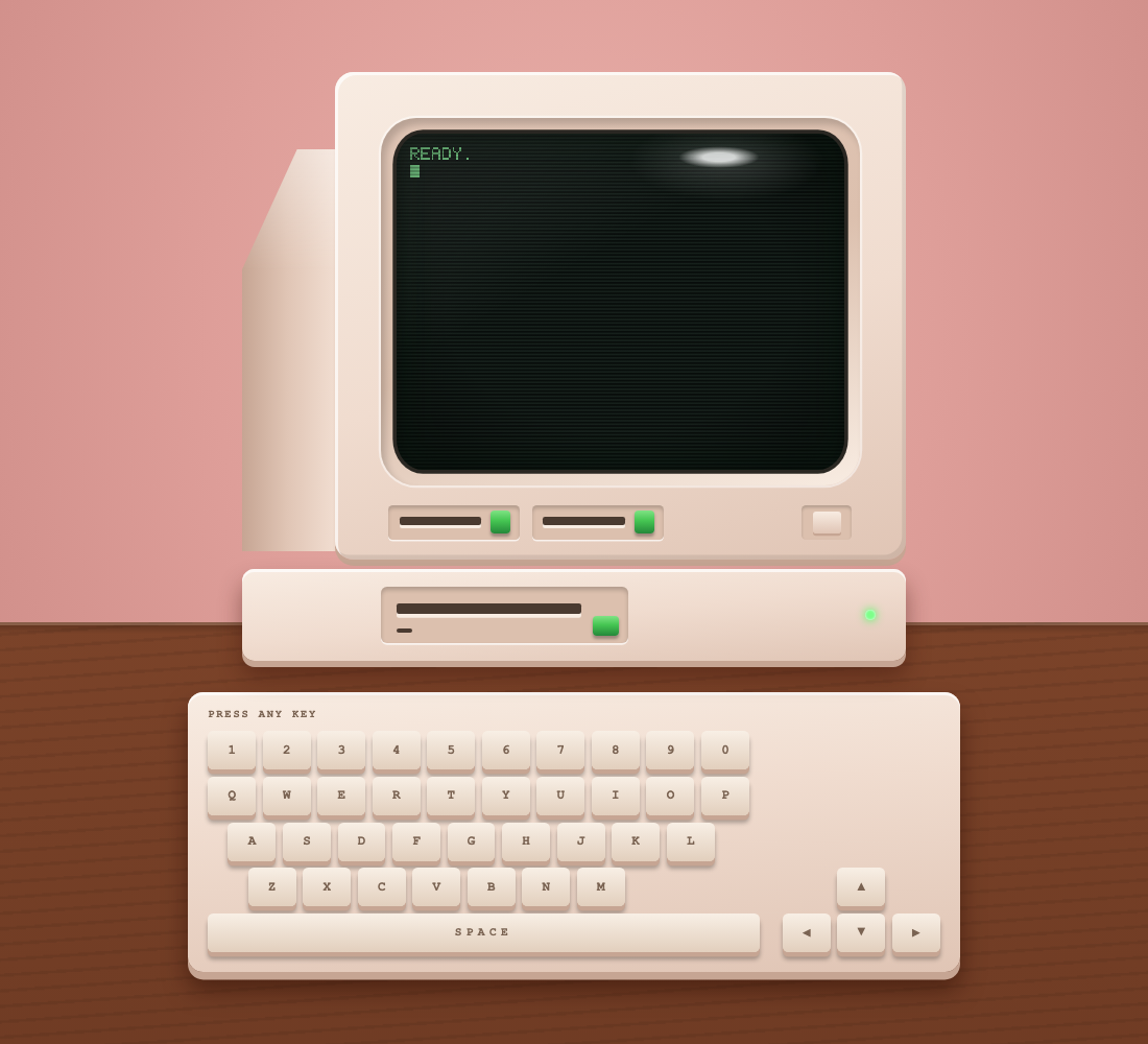 An empty retro computer whose screen says READY.